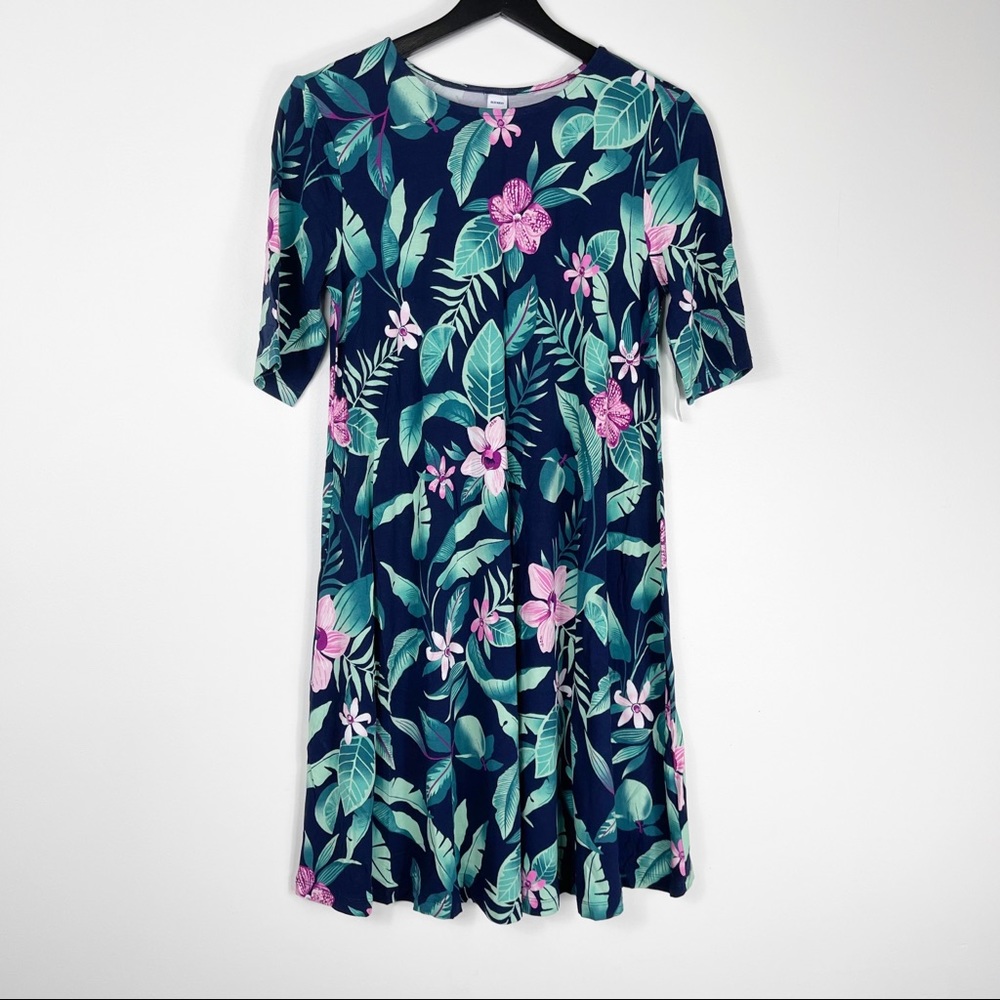 OLD NAVY Short Sleeve Blue/Green Leaf Pattern Dress